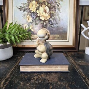 Cute Vtg Ceramic Turtle Figurine w/ Wicker Hat & Raffia Bow | Kitsch Cottagecore